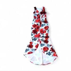 Rose Red and Grey Floral Print Maxi Bodycon Dress